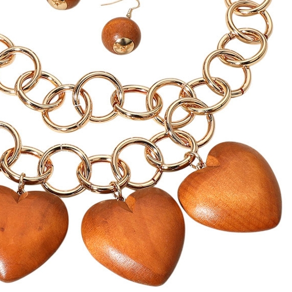 Brown Heart Wooden Oversized Chunky Layered Necklace Pendant Chain Link Charm - Picture 4 of 4